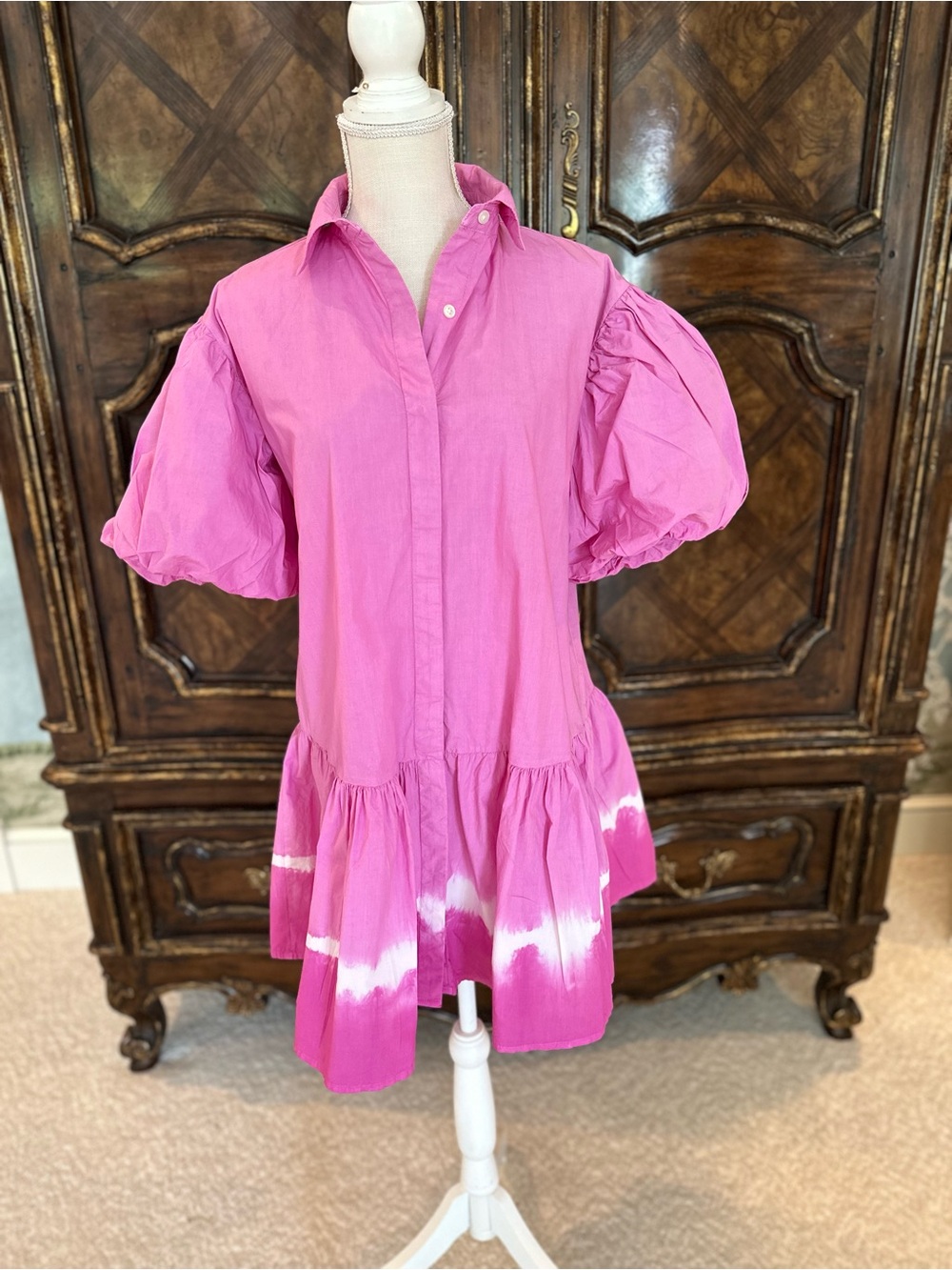 Pink Puff Sleeve Tie-Dye Hem Tunic